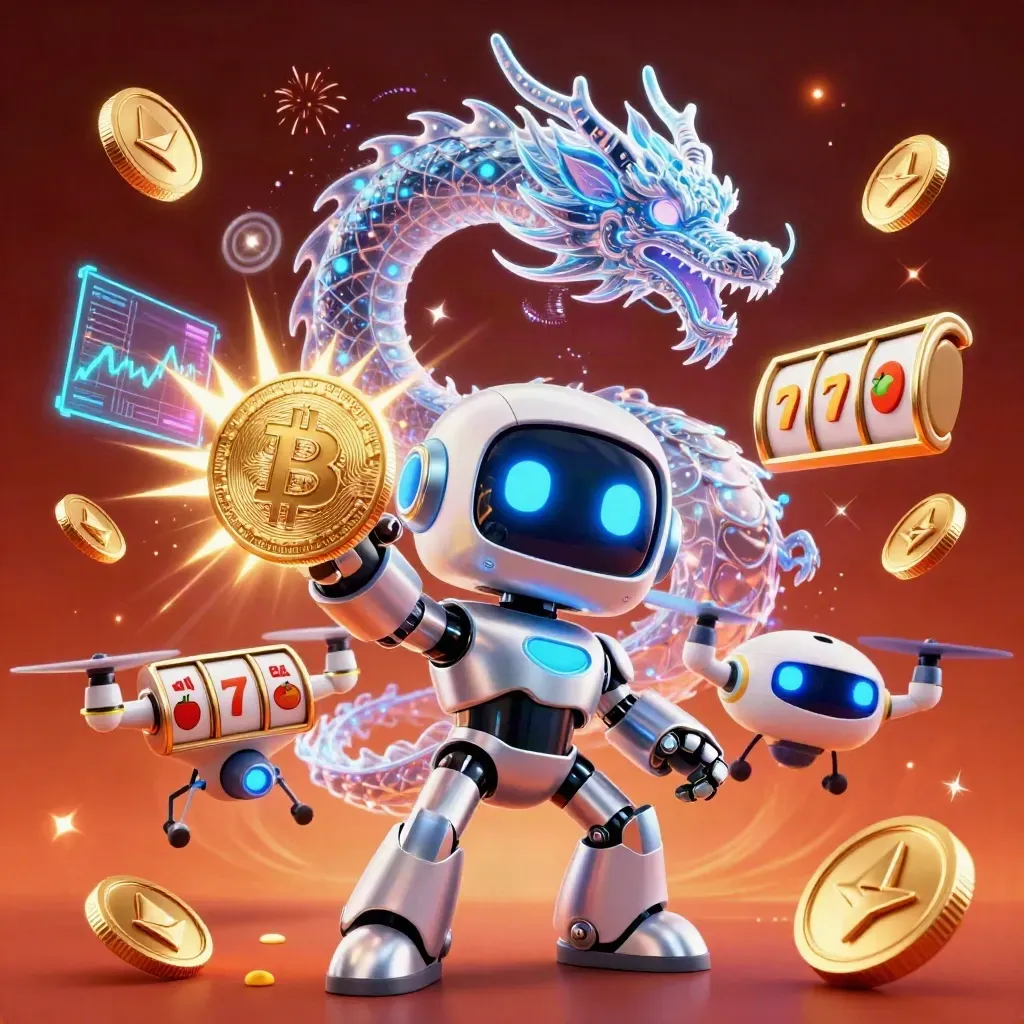 Cyberpunk robot, holographic dragon and coin drone blasting coins and neon energy on an ember-lit backdrop.