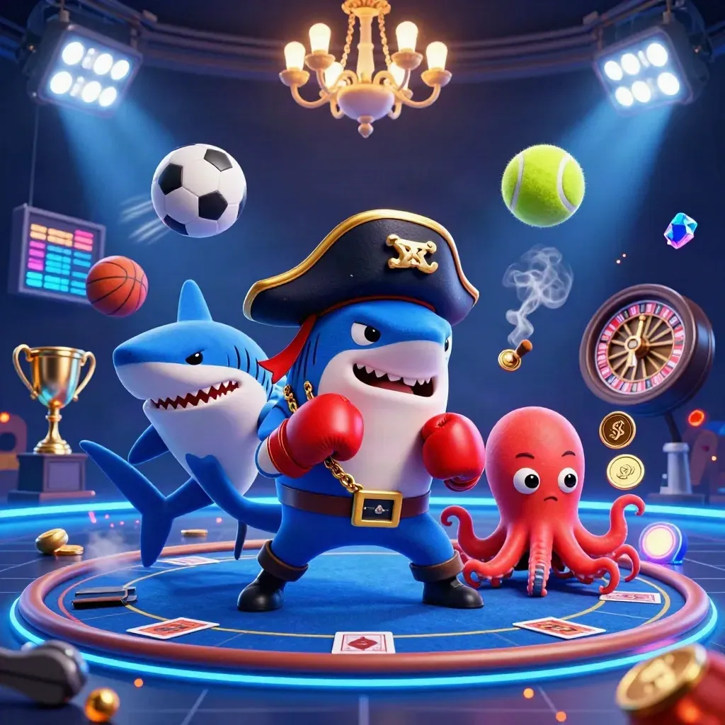 Shark pirate, red pufferfish, and baby octopus amid casino lights, coins, and sports balls.