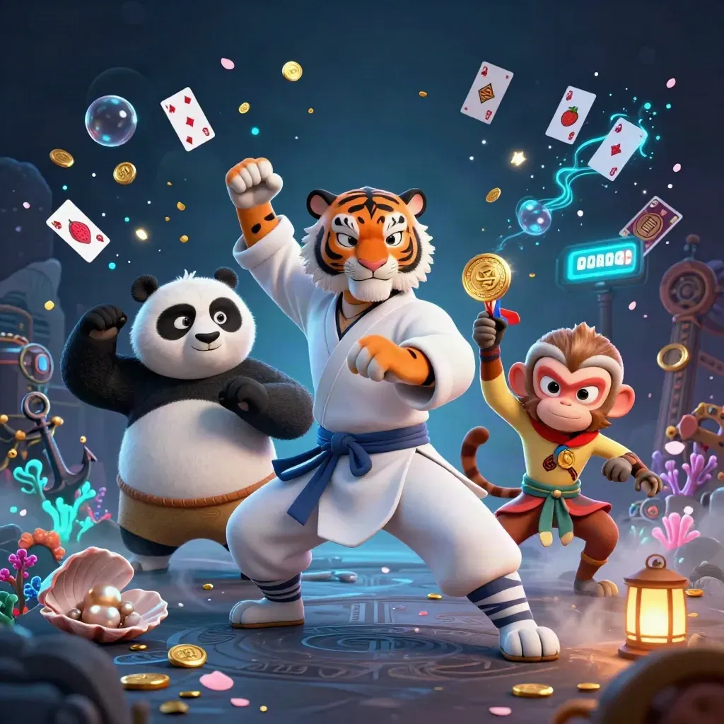 Kung-fu tiger, panda, and monkey amid treasure, coral, coins, and electric-blue casino magic
