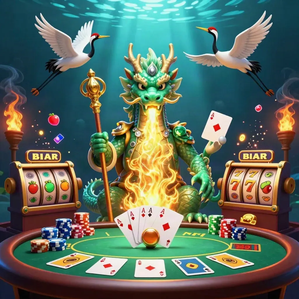 Jade dragon, turtle sage and crane pair amid poker chaos in electric blue casino art