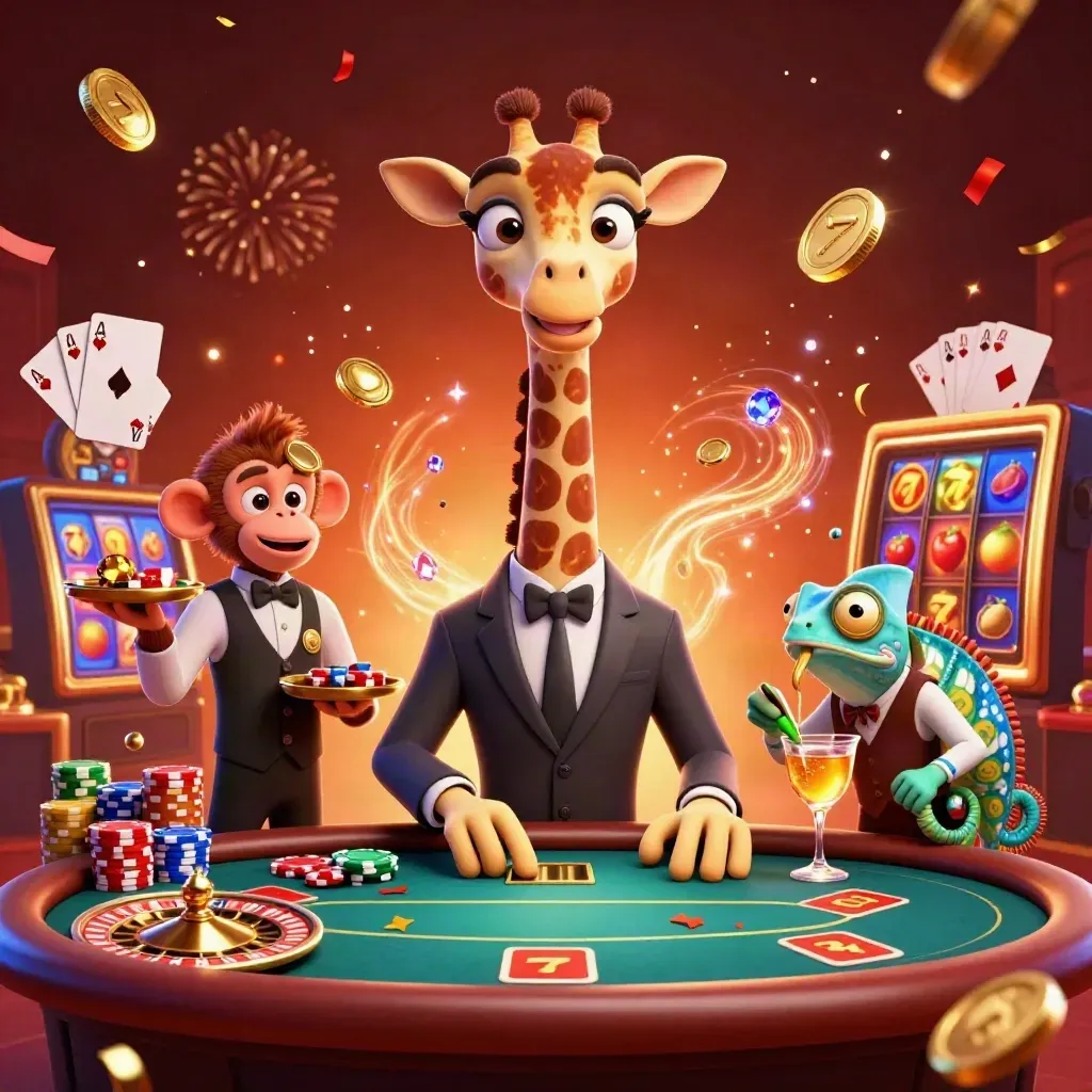 Casino giraffe, monkey and chameleon amid coins, gems, chips and electric-blue glow.