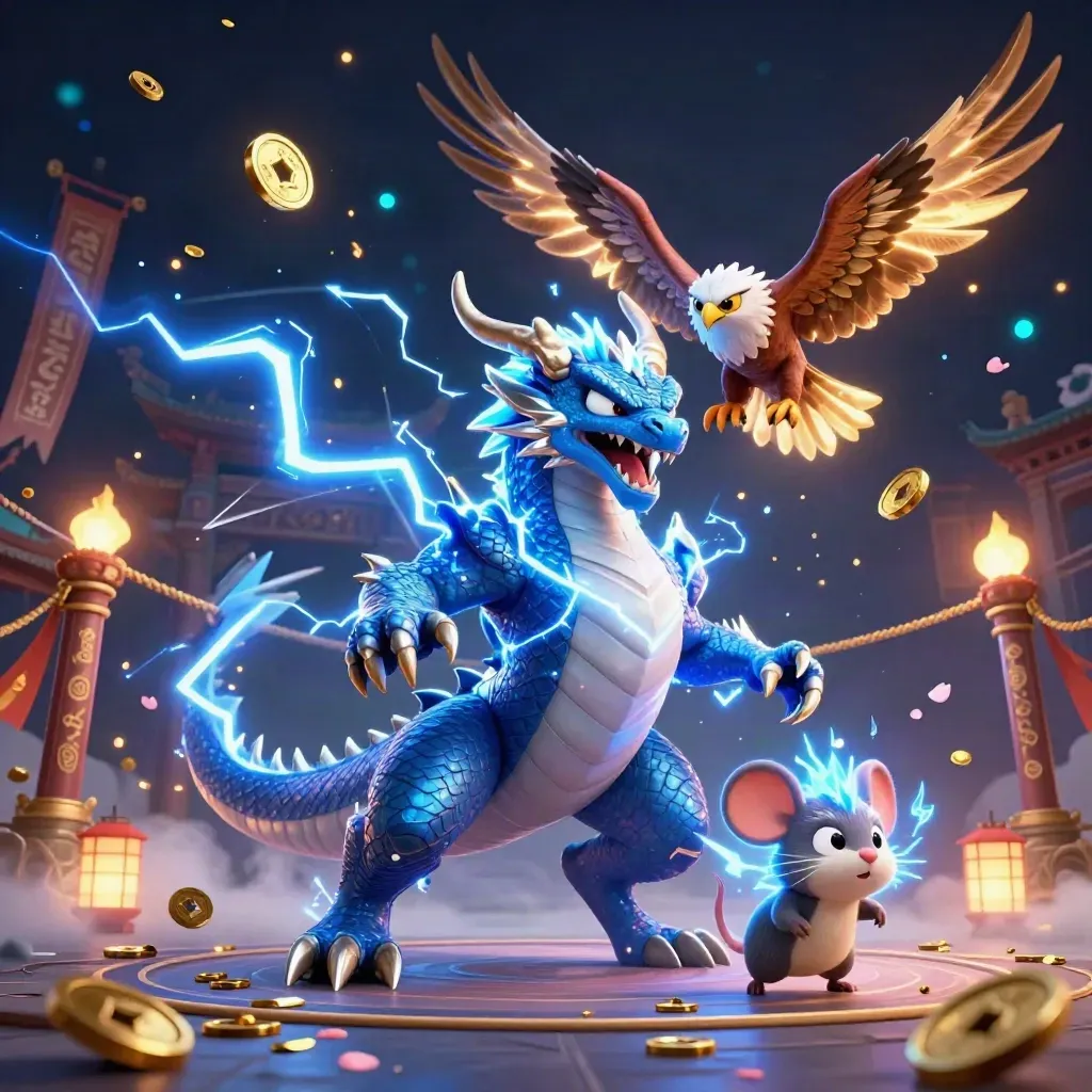 Thunder dragon, wind hawk and crackling mouse amid temple gates, coins, blue lightning and petals.