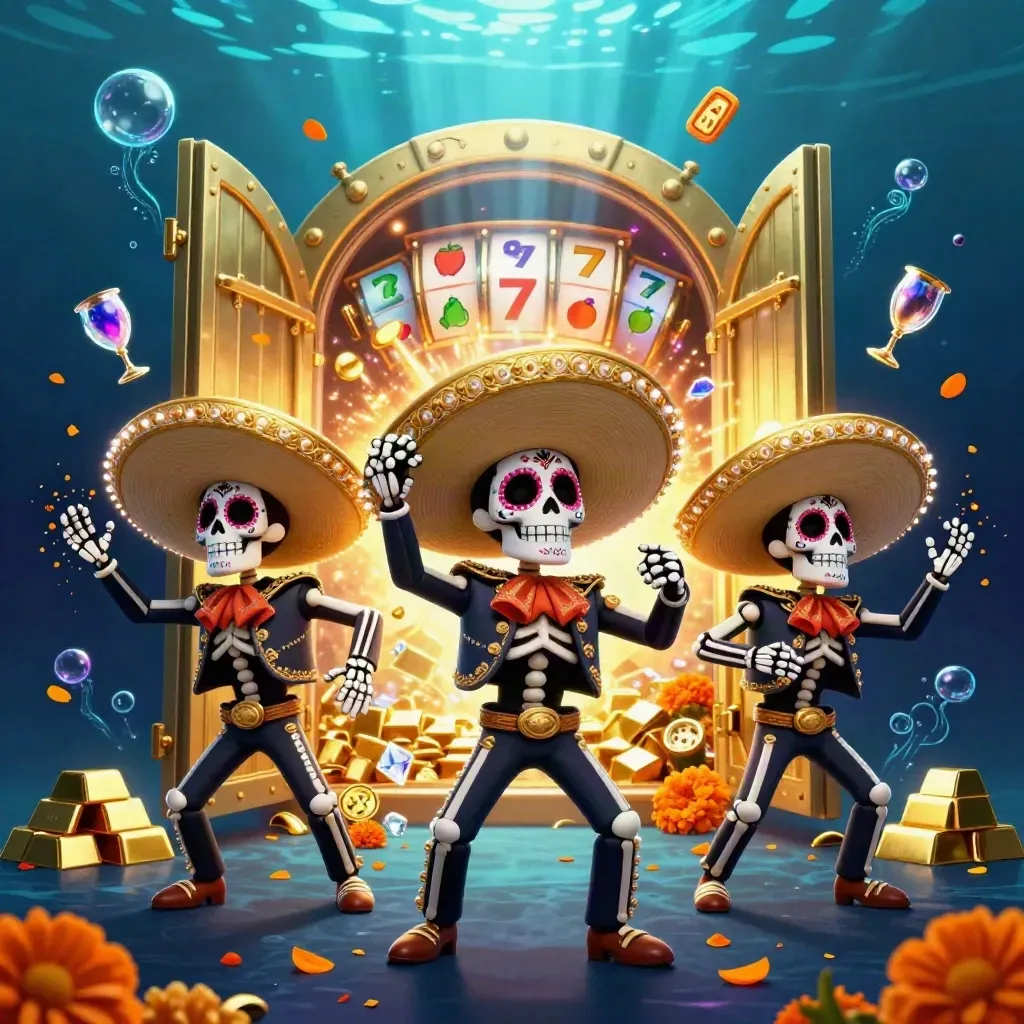Day-of-the-Dead mariachi skeleton trio with golden vault, gems, and electric blue underwater glow.