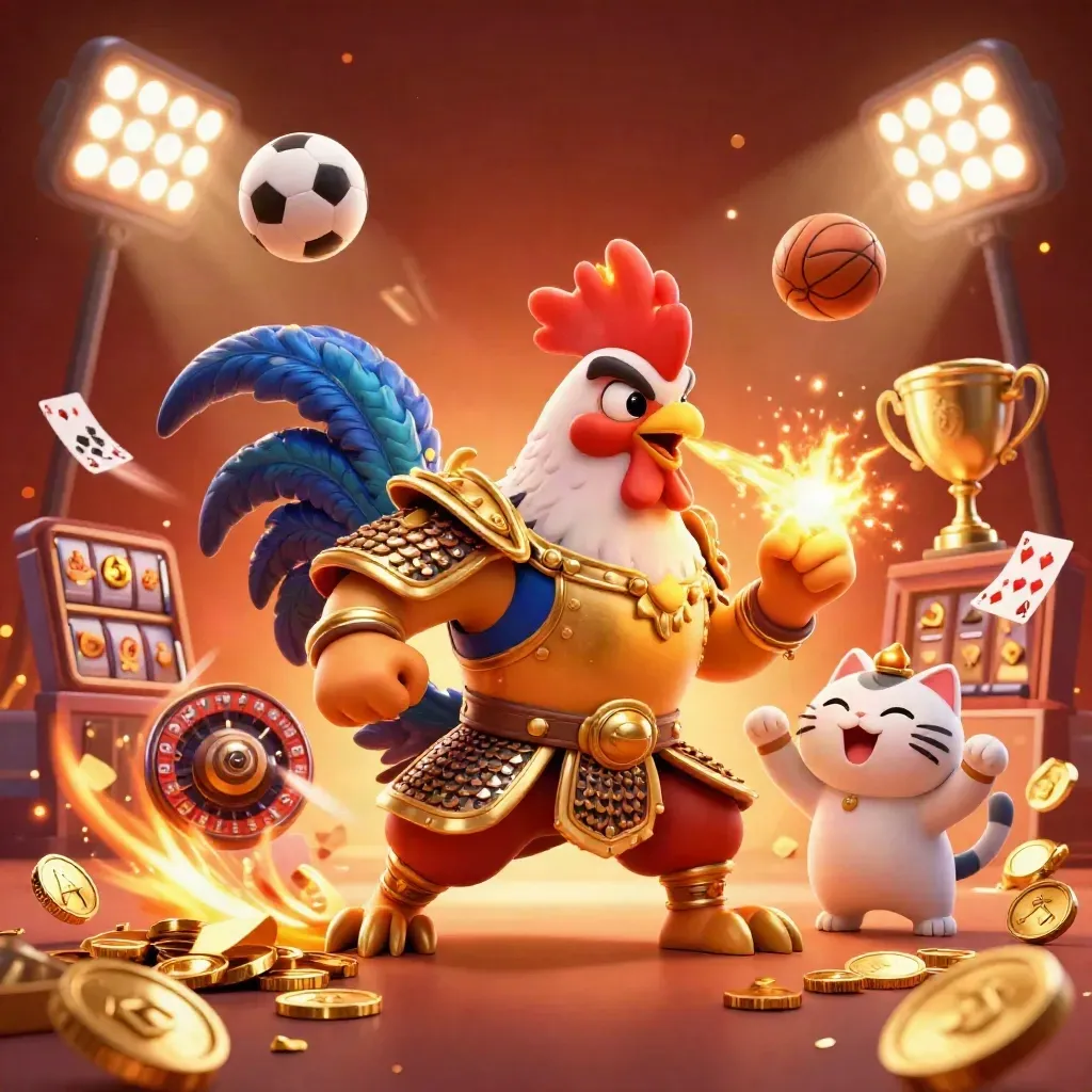 Rooster samurai, dragon hatchling and fortune-cat amid coins, balls, trophy and casino sparks.