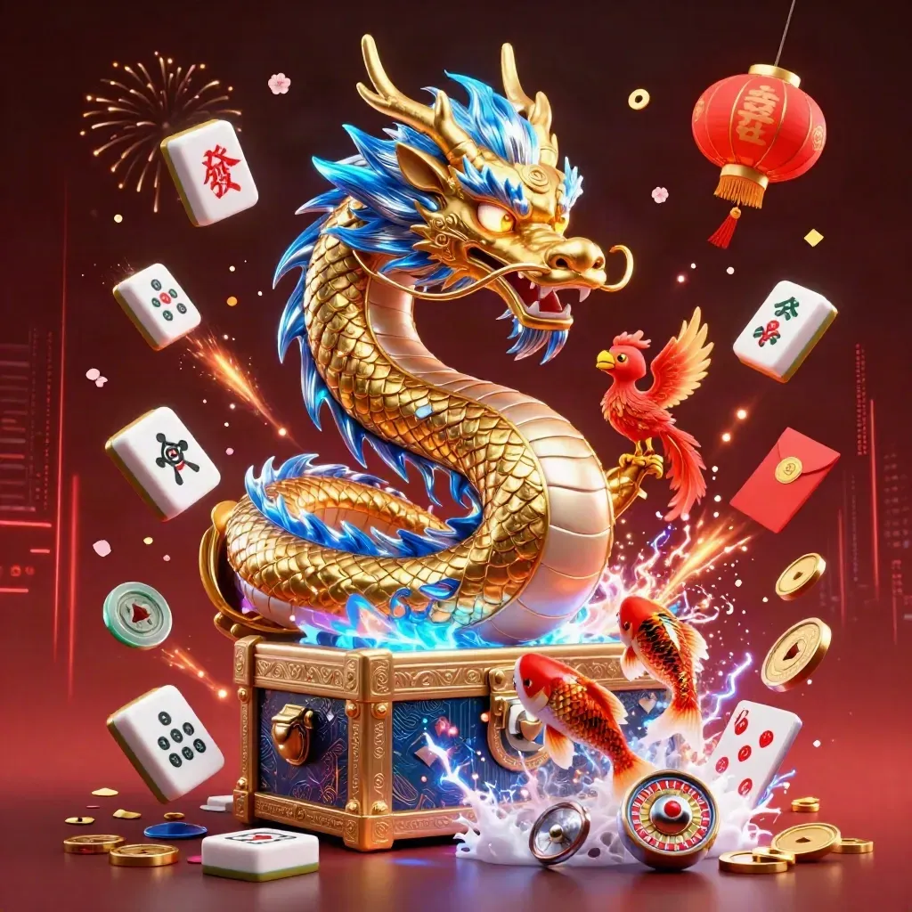 Golden dragon with phoenix and koi amid coins, lanterns, fireworks, and neon casino effects