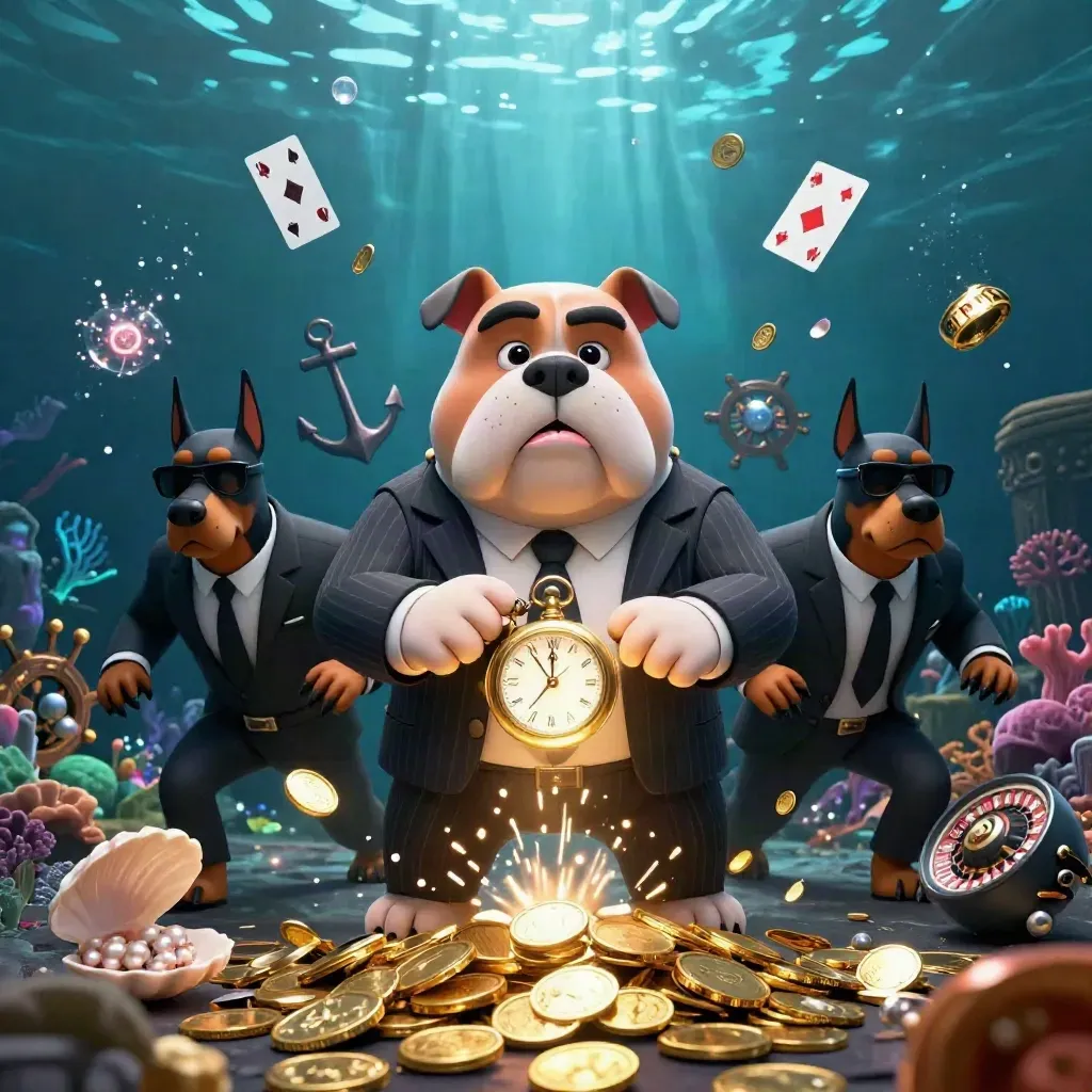 Cartoon bulldog boss and Doberman guards amid underwater gold coins, coral, cards, and blue glow.