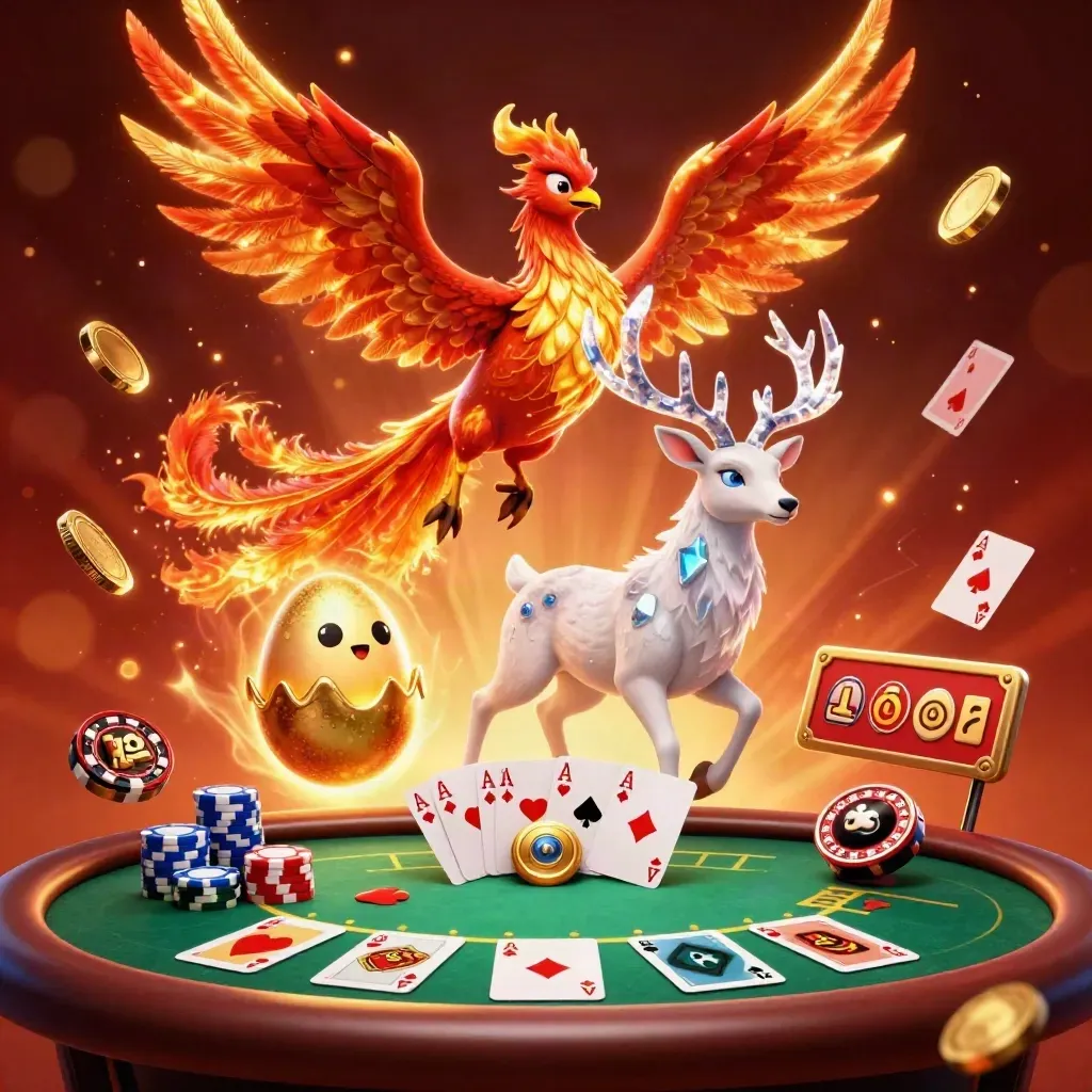 Phoenix, baby phoenix, and crystal stag burst through casino coins and chips with fiery glow.