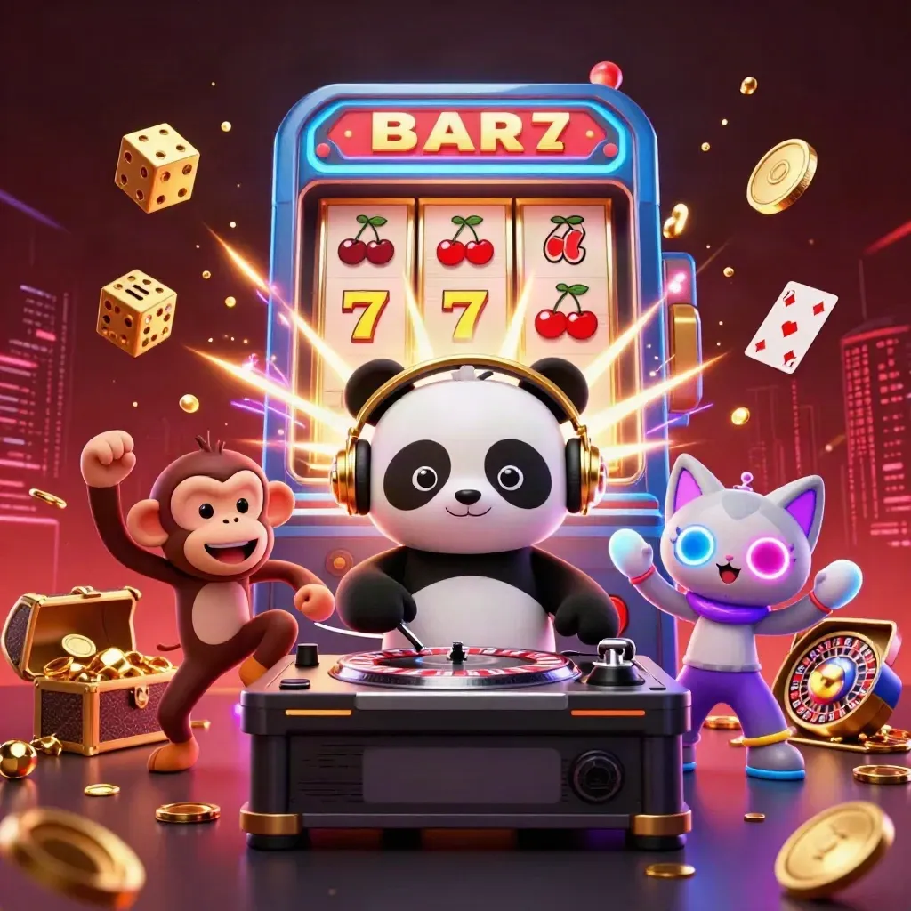 DJ panda, monkey, and kitten celebrate amid exploding slot symbols, coins, and neon casino effects.