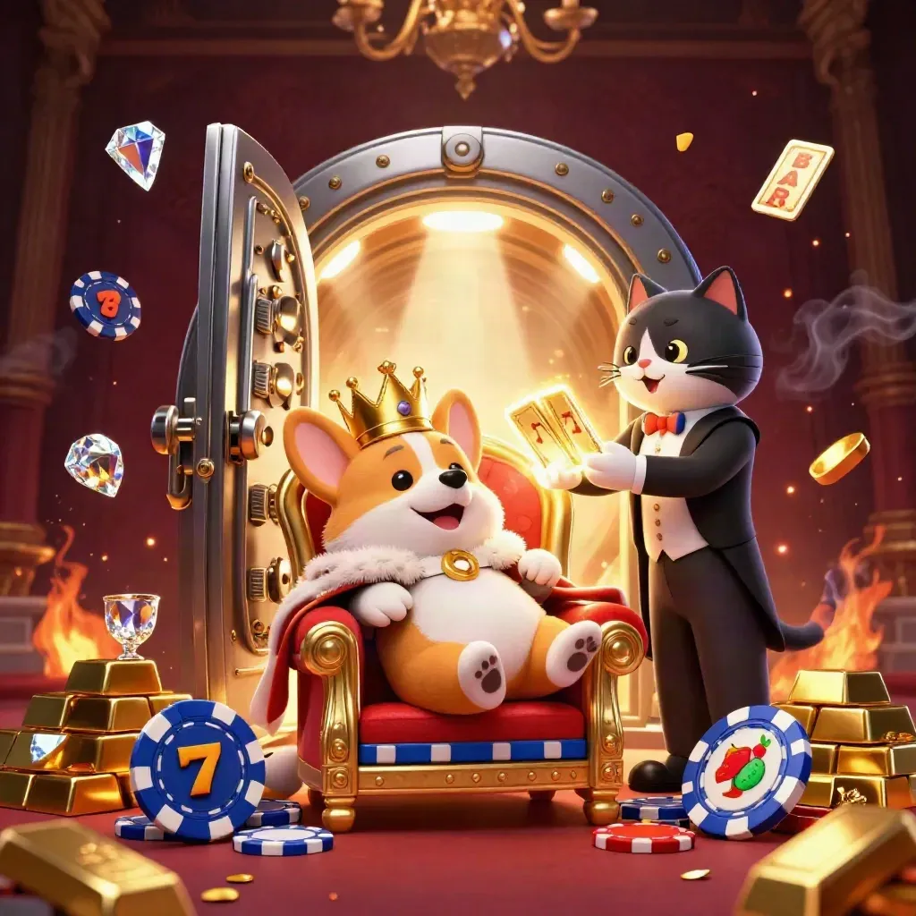 Royal corgi and cat butler amid vault gold, chips, reels, and electric-blue casino glow.