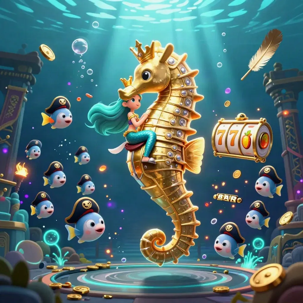 Mermaid princess rides a golden seahorse amid pirate fish, reels, coins, and teal-blue underwater glow.