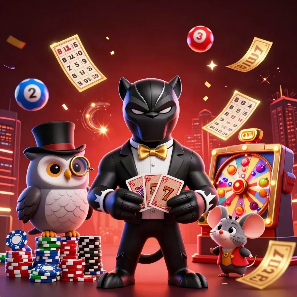 Panther, owl, and mouse in blue casino key art with chips, reels, fireworks, and confetti.