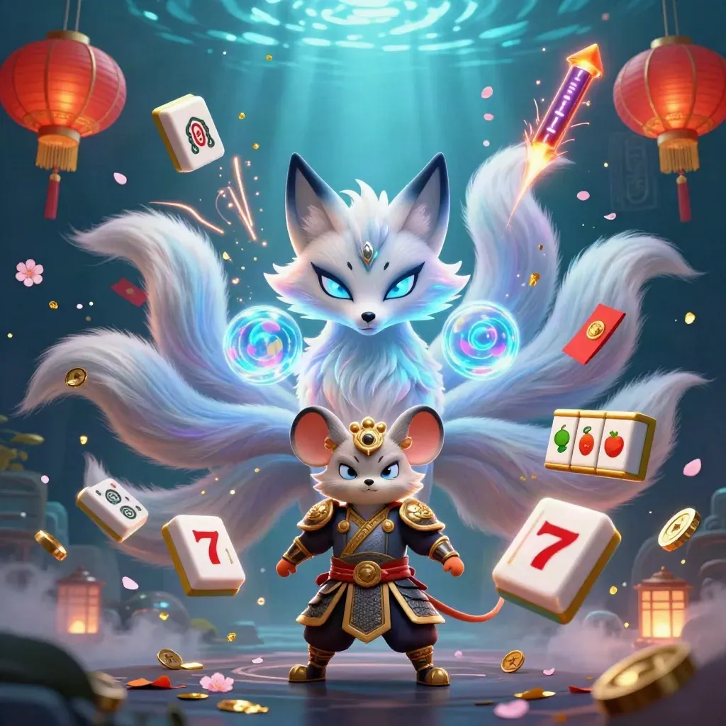 Fox spirit and mouse knight amid glowing casino charms, blue light, petals, coins, and lanterns.