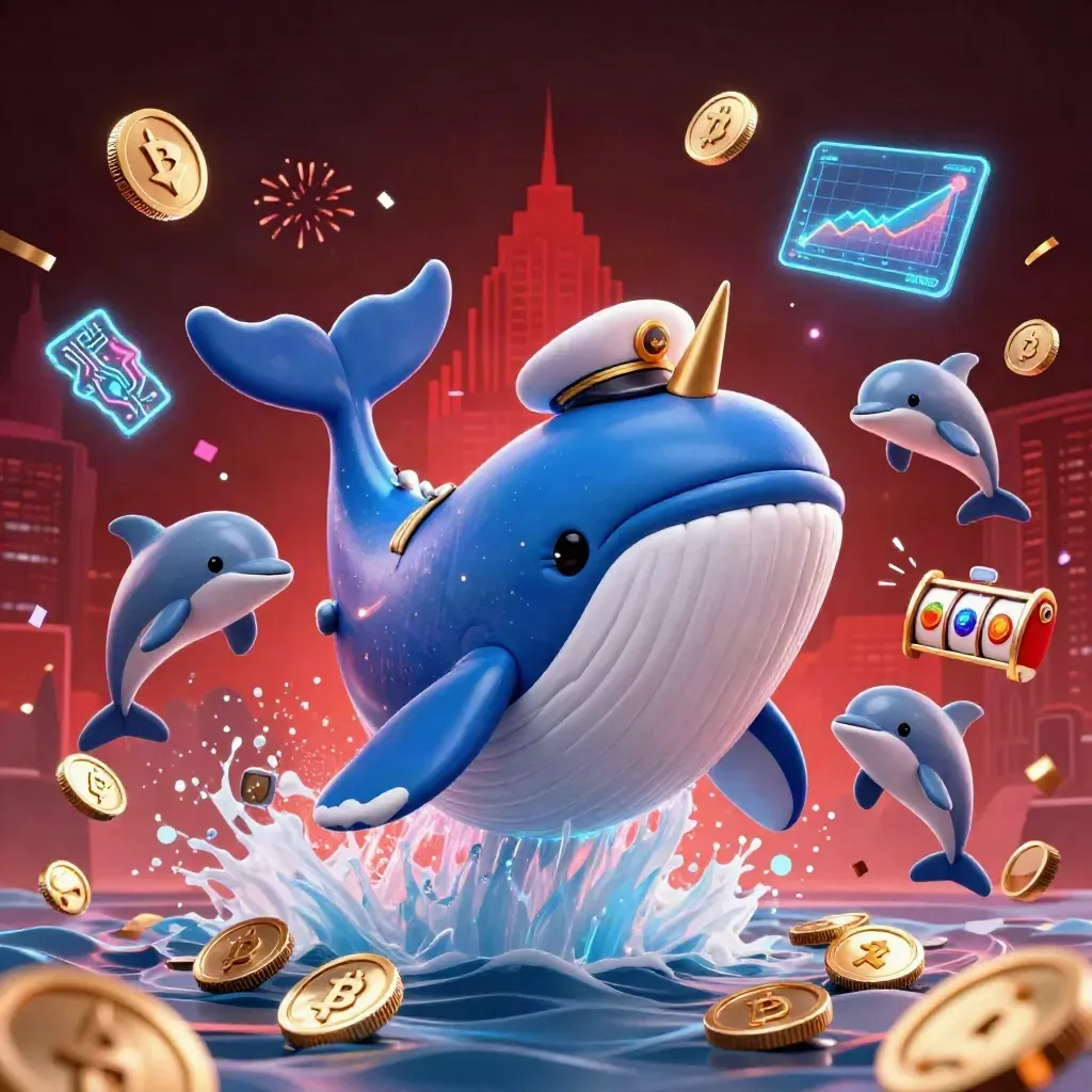 Electric-blue whale captain with narwhal, dolphins, coins, and casino effects on a dark red glow.