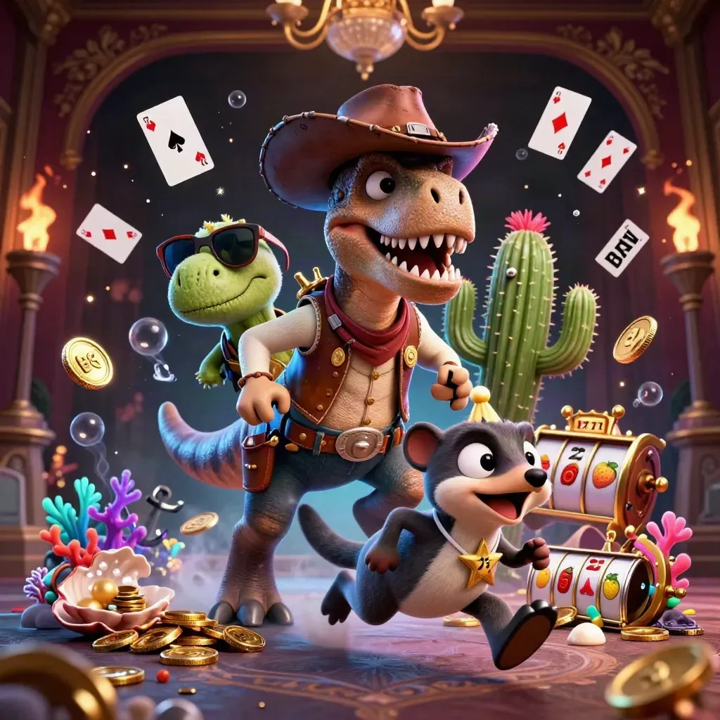 Cartoon cowboy T-Rex with cactus sidekick and roadrunner amid casino treasure, coins, coral, and blue glow.