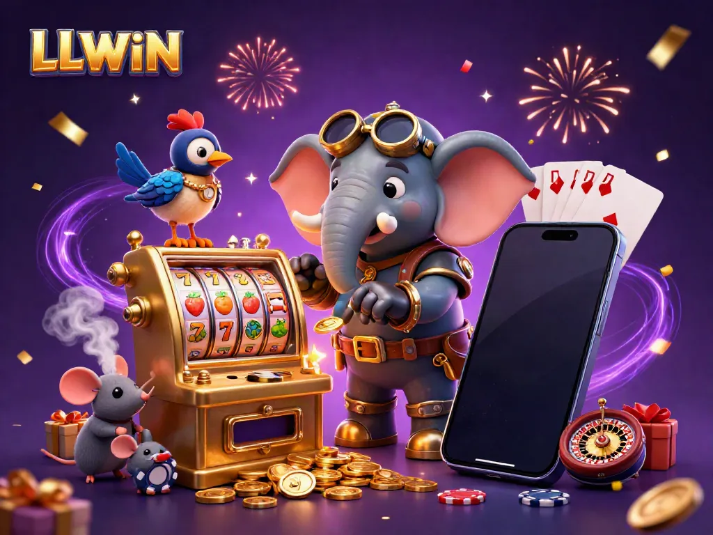 Experience LLWIN gaming with a vibrant 3D steampunk elephant engineer operating a golden slot machine.
