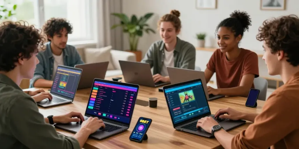 9bet online gambling session with friends engaging on laptops and mobile devices in a lively living room atmosphere.