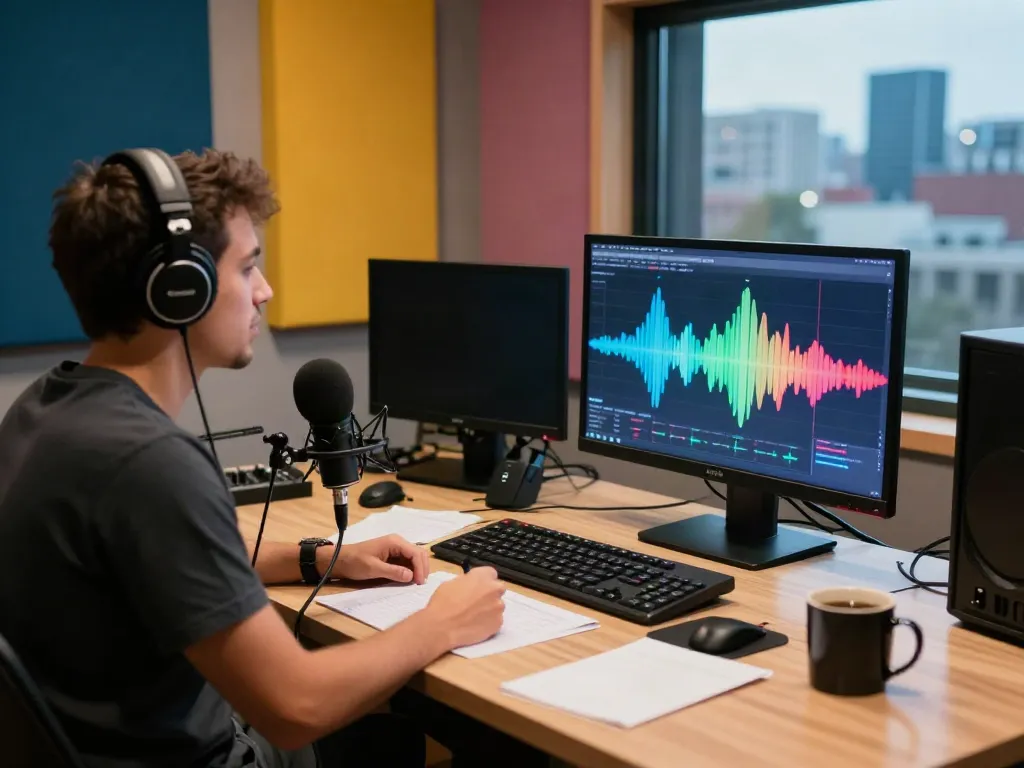 Host passionately speaks as listeners are invited to listen to this podcast from a vibrant studio.
