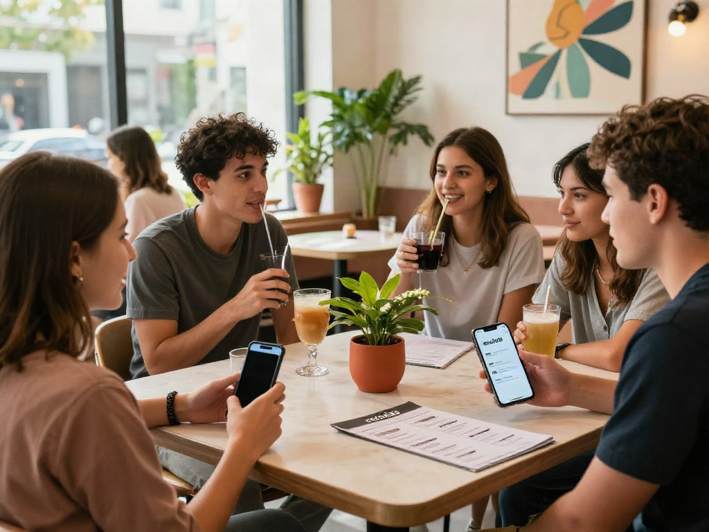 Group enjoying drinks in a modern café featuring the rokok88 app.