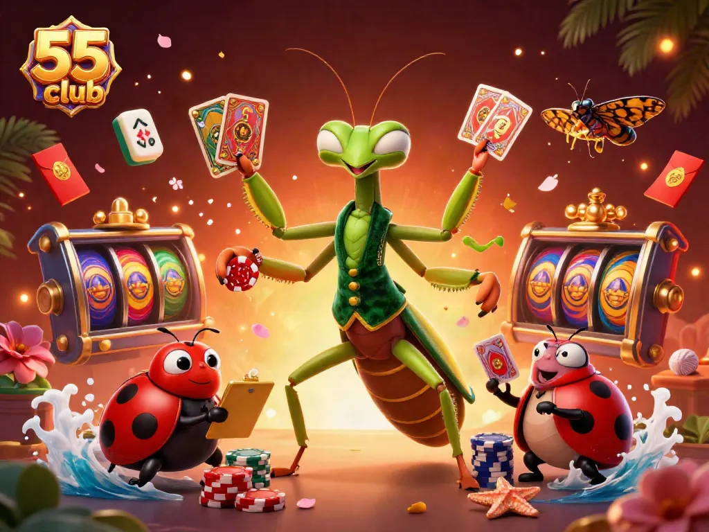 Experience the excitement of 55 club with a vibrant casino scene filled with cards, chips, and festive elements.