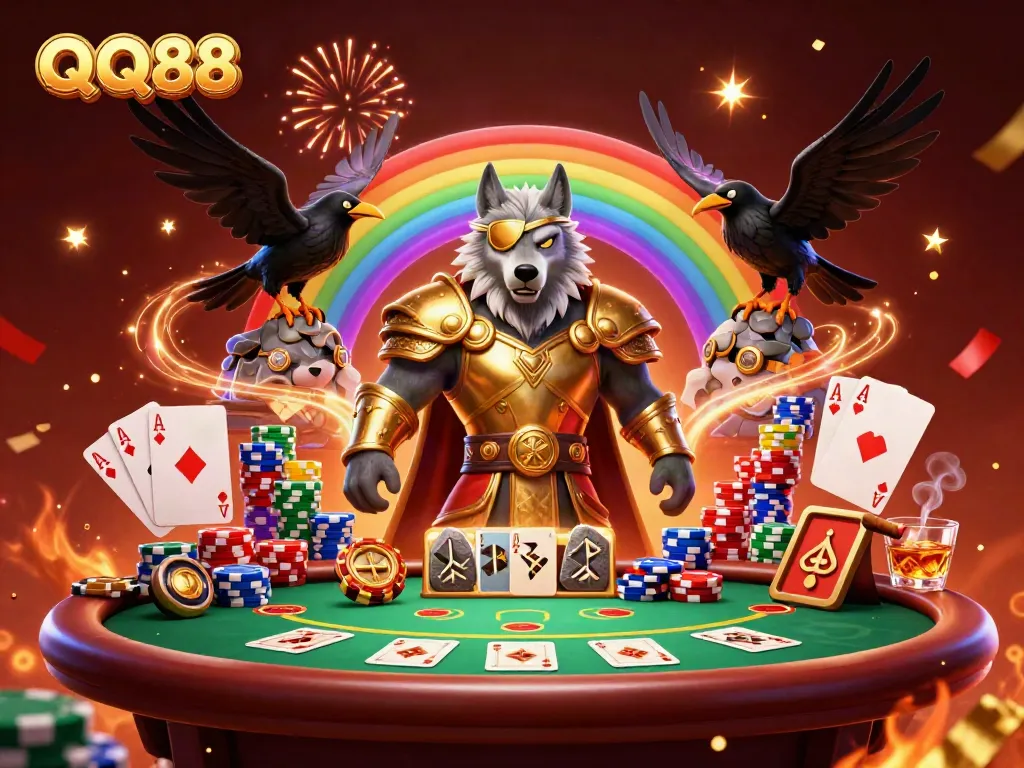 Experience the excitement of QQ88 with a vibrant 3D casino scene featuring Odin and his ravens.