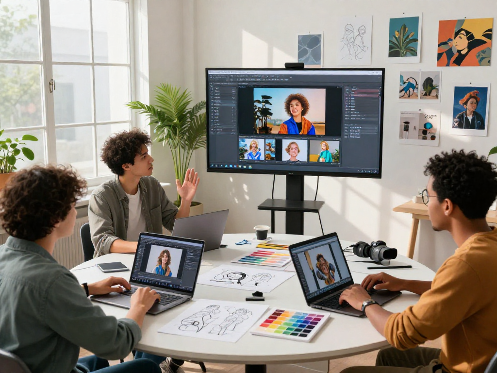 Creative team generating AI NSFW content in a modern studio environment with laptops and digital tools.