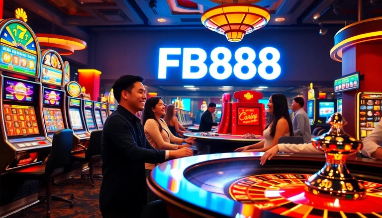 Explore Đăng Nhập FB88 at an electrifying casino scene with vibrant slots, engaging players, and thrilling roulette action.
