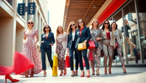 Women Fashion: A diverse group of stylish women showcase trendy outfits in an urban scene.