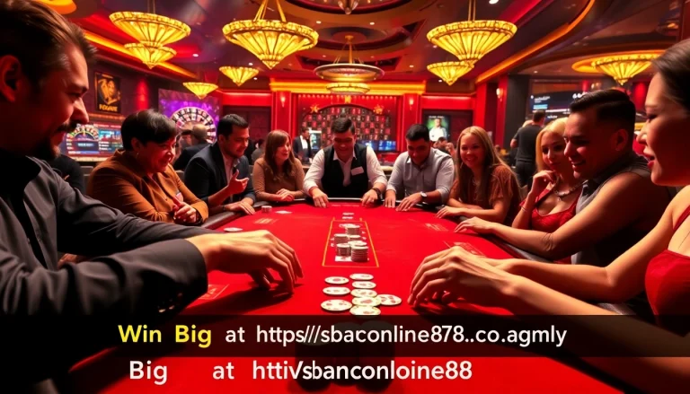 Experience the thrill at https://bancaonline88.com/ with players engaging at a vibrant poker table, surrounded by chips and cards.