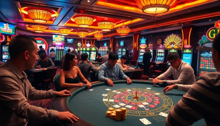 Exciting scene of game bài đổi thưởng at a lively casino with players and vibrant tables.
