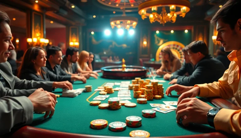 Top nhà cái poker players enjoy an intense game with vibrant chips and cards in a luxurious casino.