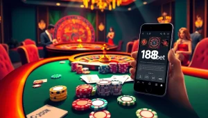 Experience high-stakes gaming with the 188bet link at a luxurious casino, featuring poker chips and a roulette wheel.