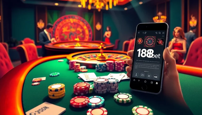 Experience high-stakes gaming with the 188bet link at a luxurious casino, featuring poker chips and a roulette wheel.