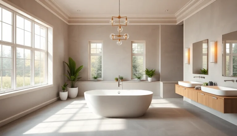 Transform this bathroom remodeling space with elegant design, natural light, and lush plants.