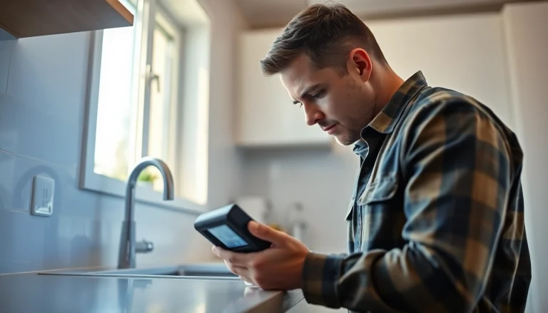 Leak detection specialist near me examining high-tech equipment under a kitchen sink.