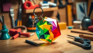 An acrylic keychain maker showcasing a vibrant geometric design with tools and materials.