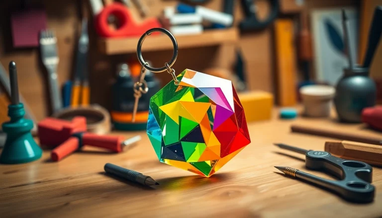 An acrylic keychain maker showcasing a vibrant geometric design with tools and materials.