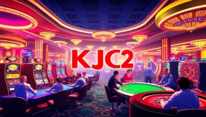 Exciting casino atmosphere featuring KJC AC 2 branding elements like poker tables, slot machines, and roulette wheels.