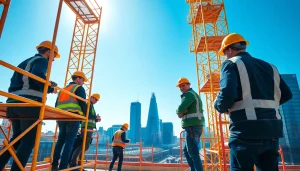 Scaffolders Manchester collaborating on a construction site in a vibrant urban setting.