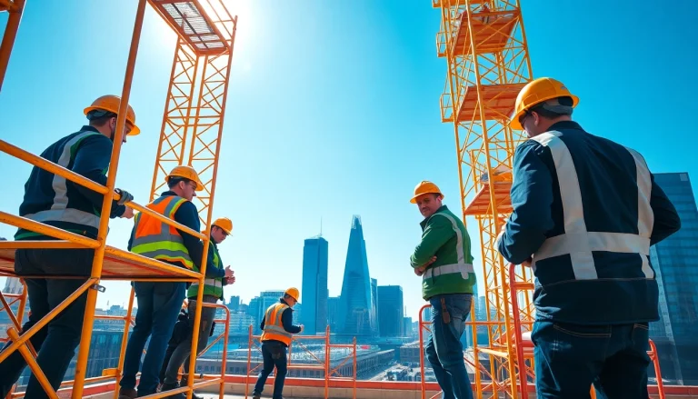 Scaffolders Manchester collaborating on a construction site in a vibrant urban setting.