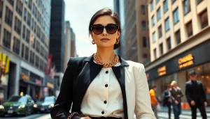 Stylish fashionista showcasing Chanel elegance in a bustling city backdrop.