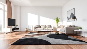 Showcase stylish Tappeti moderni Milano enhancing a chic living space with vibrant colors and textures.