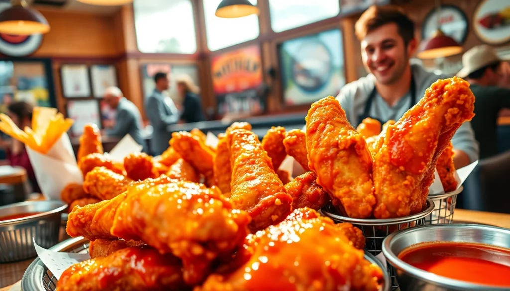 Indulge in a variety of go wings at a lively restaurant, featuring crispy, flavorful chicken wings and sides.