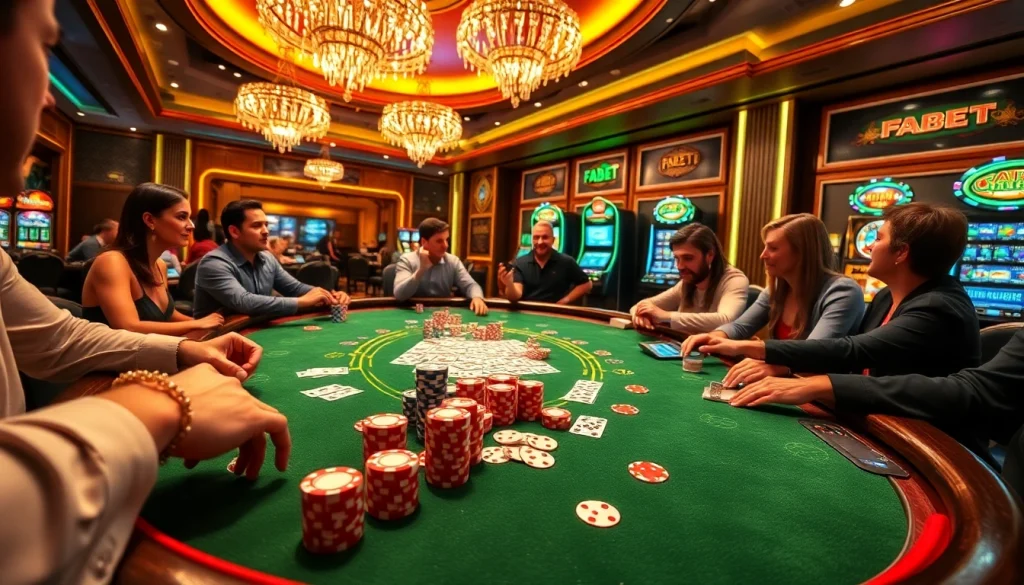 Players enjoying a thrilling casino experience with FABET branding at the poker table.