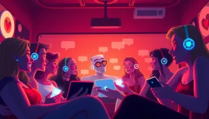 Interactive scene of AI characters in engaging ai sexchat conversations, warm lighting and inviting atmosphere.