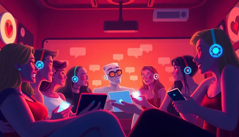 Interactive scene of AI characters in engaging ai sexchat conversations, warm lighting and inviting atmosphere.