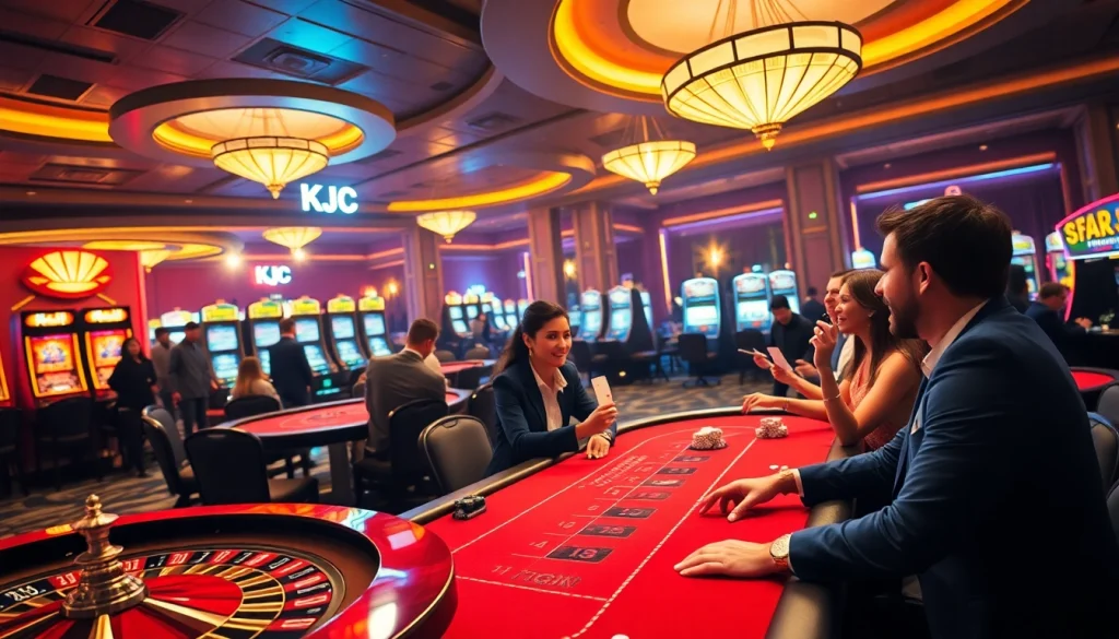 KJC Casino: Players engaging in high-stakes poker at luxurious tables in a vibrant casino atmosphere.