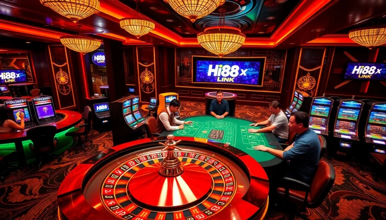 Exciting gaming scene at a casino showcasing Hi88 Link with players at a roulette table.