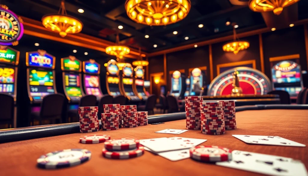 KJC poker table with high-quality chips and cards in a vibrant casino atmosphere.