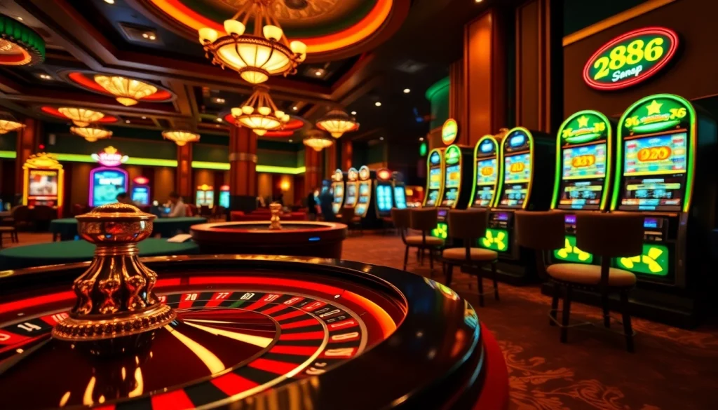 Engaged players enjoying the excitement of RR88 casino games with vibrant slot machines and roulette tables.
