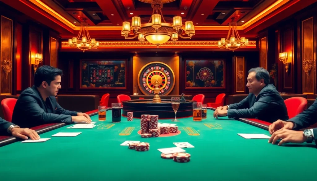 Engaged players at a poker table in a luxurious casino portraying the excitement of gambling at NEW88 com.